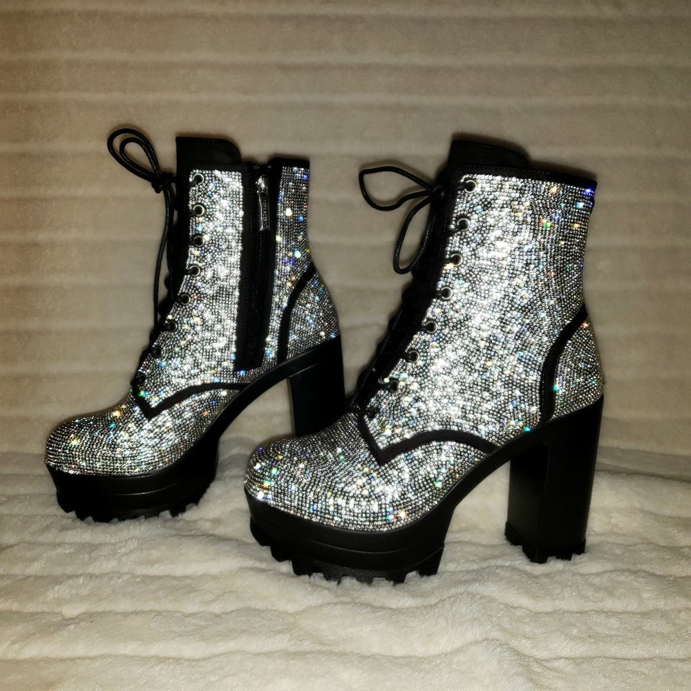 Cape Robbin Silver Crystal Lace-Up Platform Ankle Boots - Picture 2 of 15